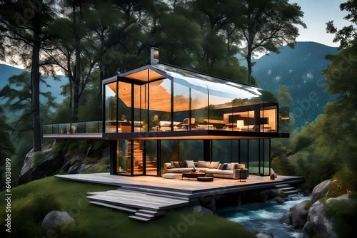 Discover a jaw-dropping scene of a super realistic small house perched gracefully on a hilltop, surrounded by the majestic beauty of a cascading waterfall, a sparkling glacier, and a pristine blanket  © SardarMuhammad