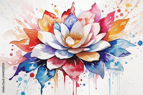 Watercolor lotus flower with colorful blots and splashes. Floral background