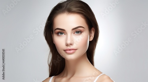Radiant Beauty Portrait: A captivating close-up of a young woman with flawless skin and long brown hair, exuding natural beauty and confidence.