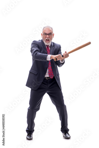 Old businessman holding baseball bat isolated on white