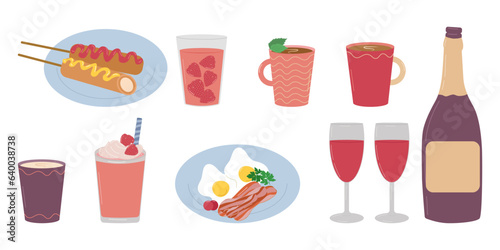 Set of tableware for decorating dining room. A bottle of wine, breakfast, scrambled eggs, drinks and food. Vector illustration.