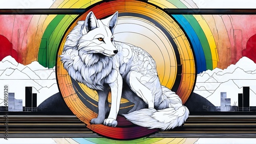 Illustration of an arctic fox on abstract city background