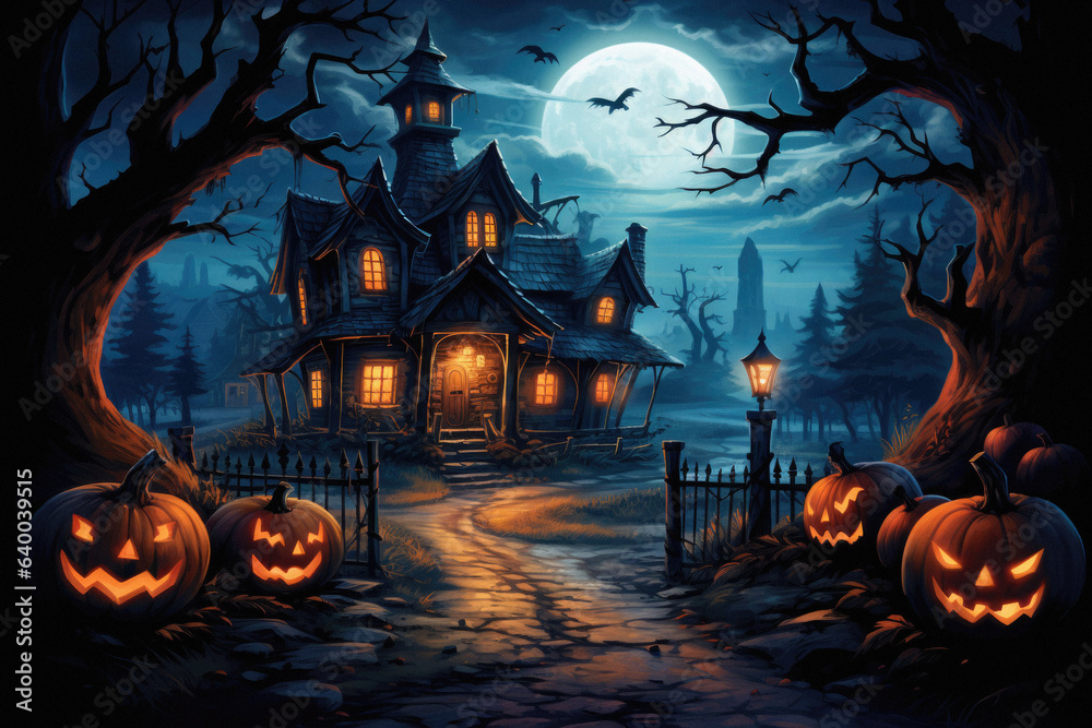 Happy Halloween spooky scary moon night scene horror landscape background. Creepy dark forest woods trees, moon and Happy Haloween ghosts gothic mysterious sky moonlight gloomy scenery backdrop. Happy Halloween spooky scary moon night scene horror landscape background. Creepy dark forest woods trees, moon and Happy Haloween ghosts gothic mysterious sky moonlight gloomy scenery backdrop.