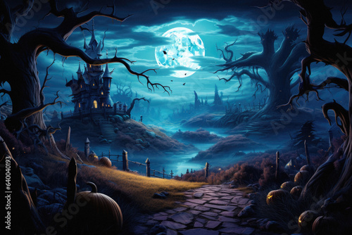 Happy Halloween spooky scary moon night scene horror landscape background. Creepy dark forest woods trees, moon and Happy Haloween ghosts gothic mysterious sky moonlight gloomy scenery backdrop.
