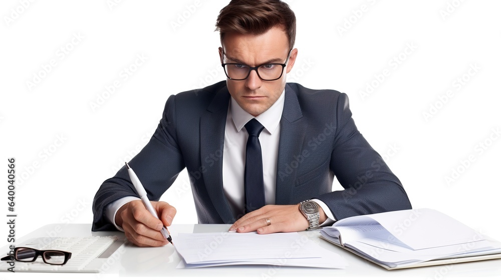 Smartly dressed businessman working at his desk in a corporate office, focused on writing documents Smartly dressed businessman working at his desk in a corporate office, focused on writing documents