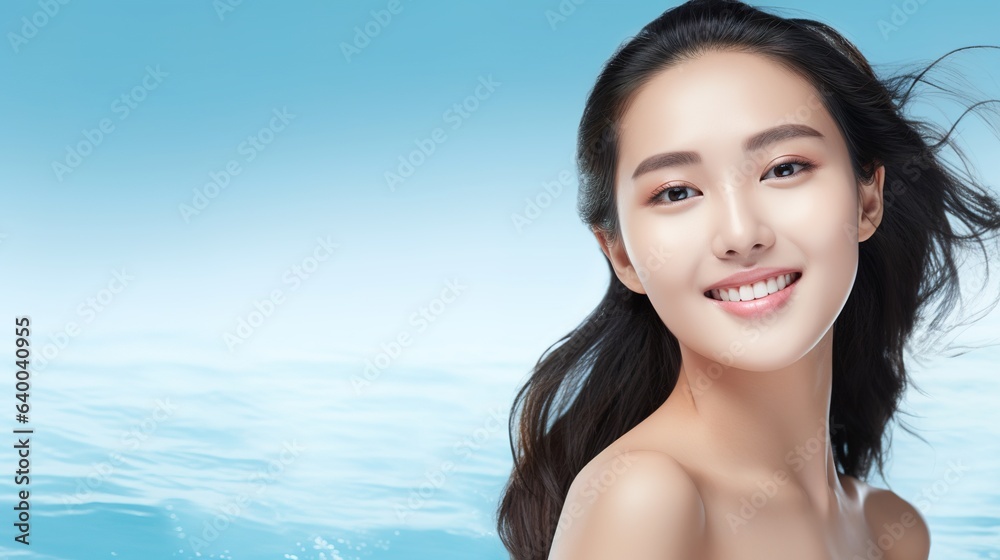 lovely young Asian woman model for face wash product, with hand on her face, fresh face, lovely, glowing, healthy skin