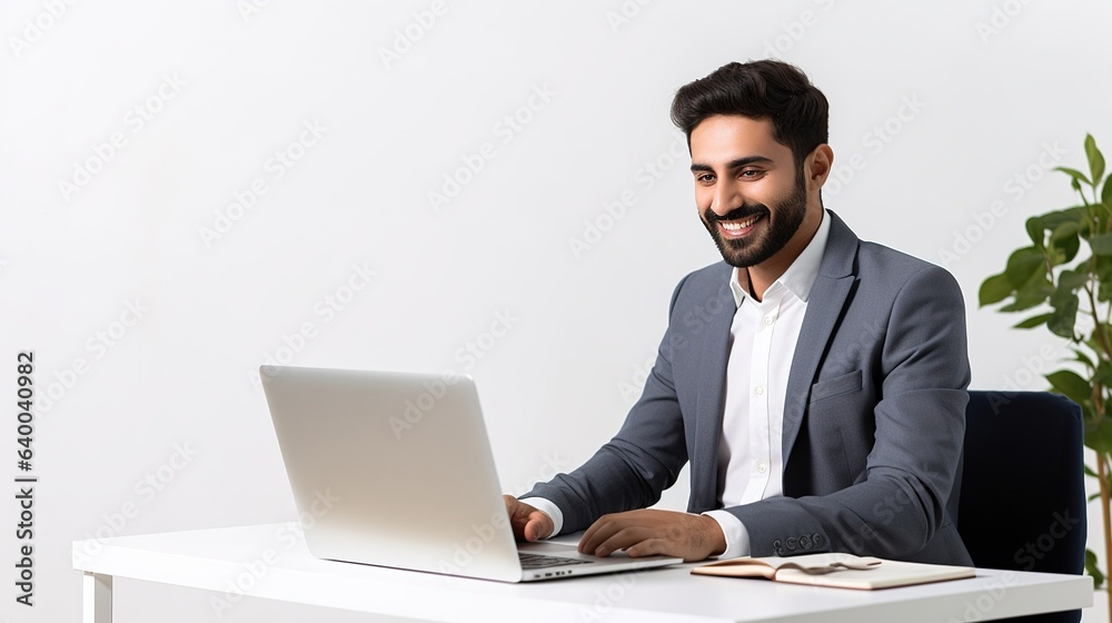 businessman working on laptop computer in white room businessman working on laptop computer in white room