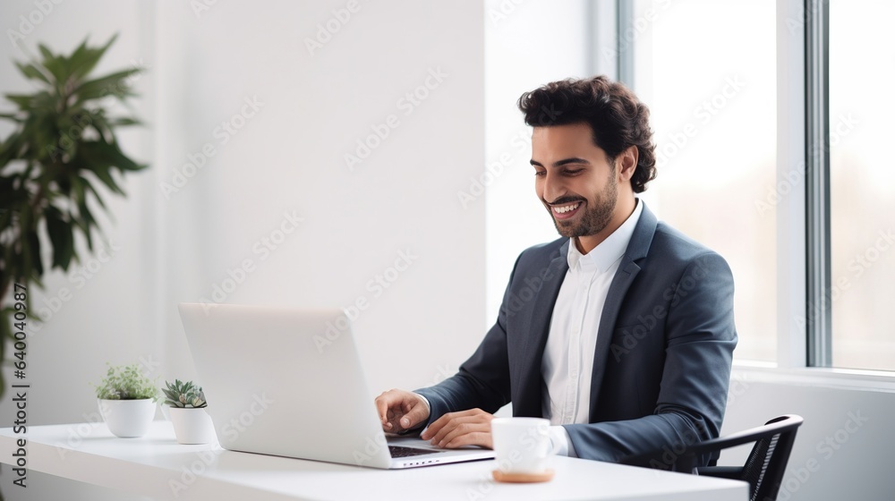 businessman working on laptop computer in white room businessman working on laptop computer in white room