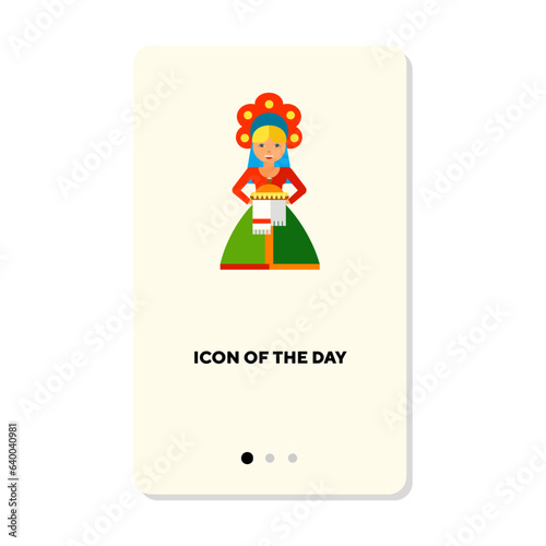 Russian woman in traditional clothes flat vector icon. Russian culture attributes as kokoshnik and bread isolated vector illustration. Slavs culture and ethnicity concept for web design and apps