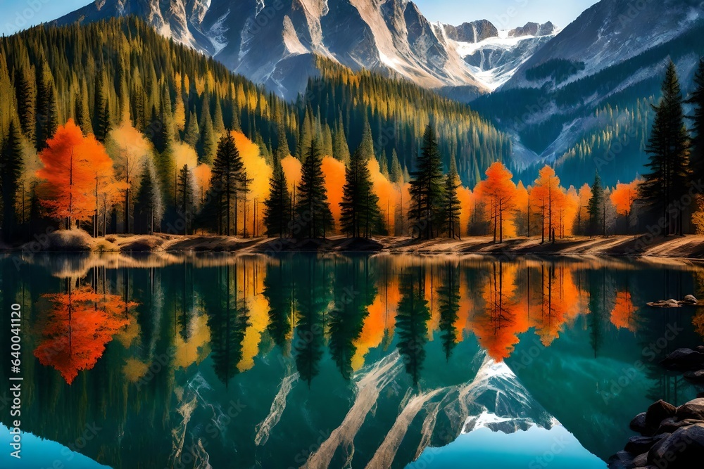A lake in front of mountains with tree Created with generative AI