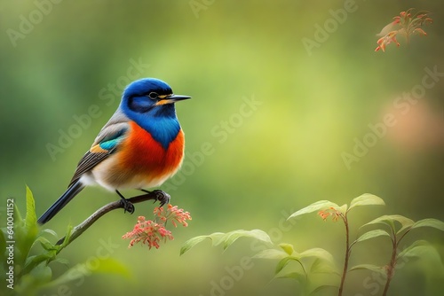 lilac roller sitting on the shoot of flower