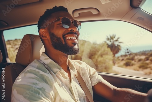 A black man travels in a car and enjoys the beautiful views of mountains and waterfalls.