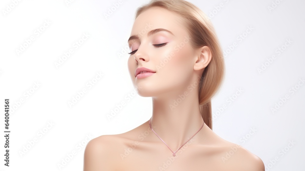 Beautiful young woman with pure, unblemished skin against a white background, representing cosmetology, beauty, and spa concepts. Beautiful young woman with pure, unblemished skin against a white background, representing cosmetology, beauty, and spa concepts.