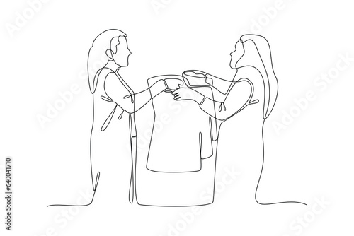 Continuous one line drawing Concept of Neighbors sharing things and helping each other. Doodle vector illustration.