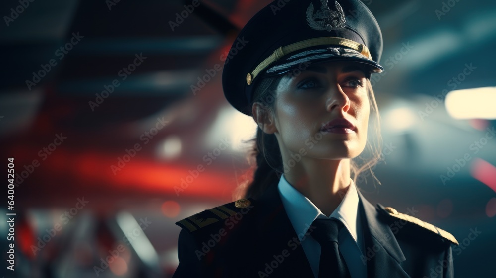 Woman in Pilot Uniform in Front of Airplane, Space for Copy. Woman in Pilot Uniform in Front of Airplane, Space for Copy.