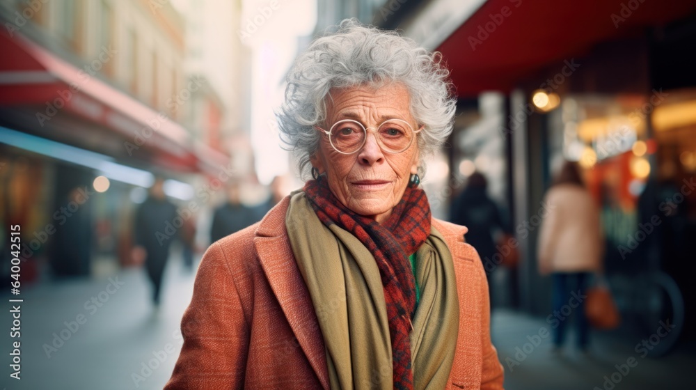 Elderly Individual in Chic Outfit Posing on Busy City Street, Space for Copy. Elderly Individual in Chic Outfit Posing on Busy City Street, Space for Copy.