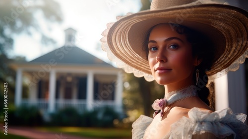 Woman in Hoop Skirt and Large-Brimmed Hat, Antebellum Mansion Background, Space for Copy.