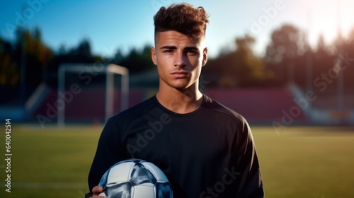 Young Man Holding Soccer Ball, Field and Goal Background, Space for Copy. © MADMAT