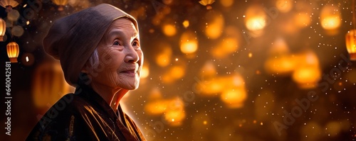 Elderly Vietnamese Woman in Ao Dai with Lanterns on a Hanoi Gold Background, Space for Text.
