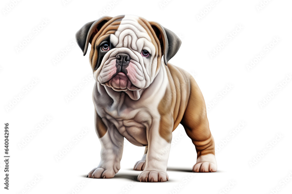 English bulldog puppy fat dog standing isolated on white background. 