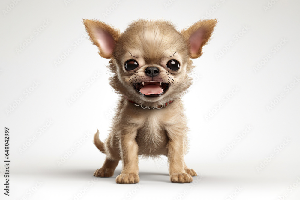 a happy Chihuahua puppy dog in front of a white background. 