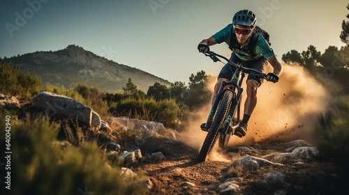 Cyclist racing downhill on rugged mountain trail