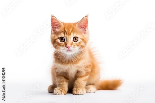 a long haired orange kitten in front of a white background. 