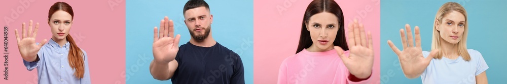 People showing stop gesture on different color backgrounds. Collage with photos People showing stop gesture on different color backgrounds. Collage with photos