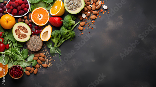 Fruits, vegetables, seeds, superfoods, cereals, leafy vegetables on a gray concrete background