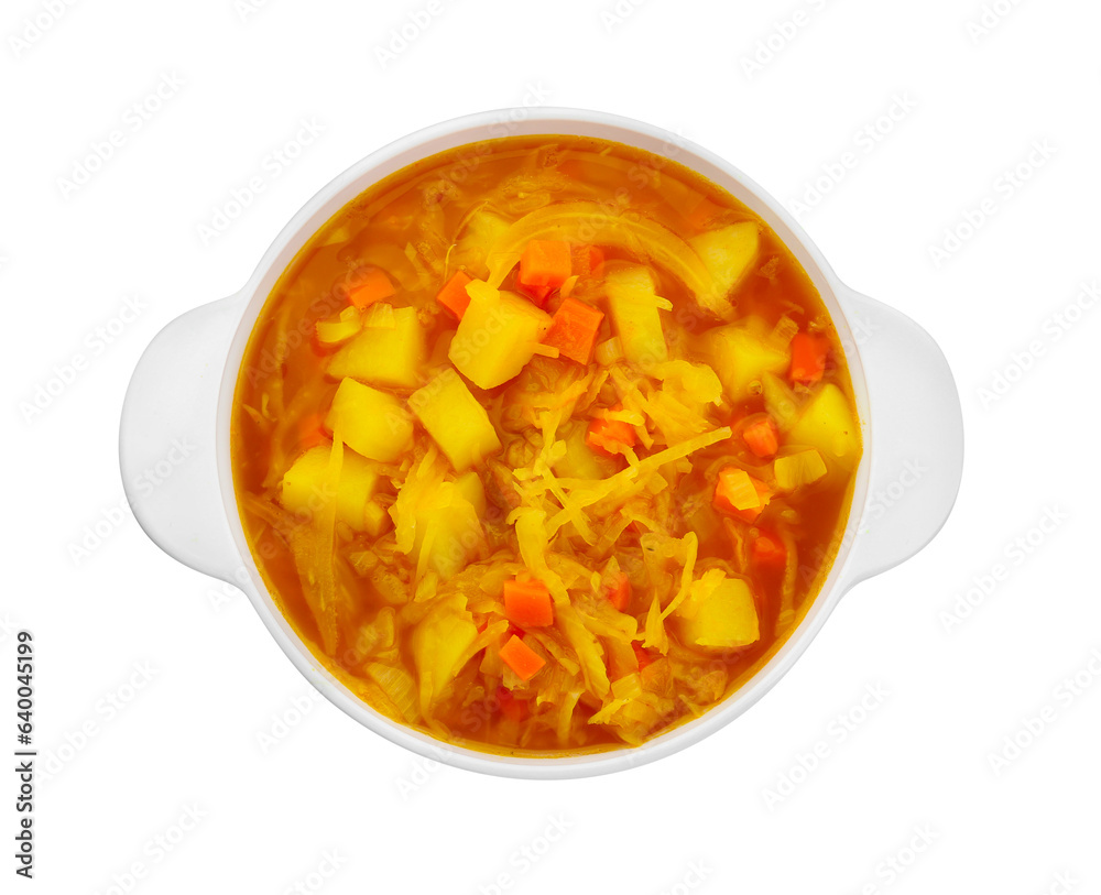 Pot of delicious sauerkraut soup with potatoes and carrot isolated on white, top view Pot of delicious sauerkraut soup with potatoes and carrot isolated on white, top view