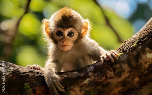 cute baby monkey keeps watching with eyes wide open on the tree in nature  AI generated