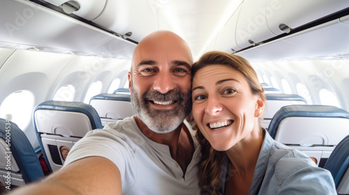 Happy tourist taking selfie inside airplane - Cheerful couple on vacation  © Adriana