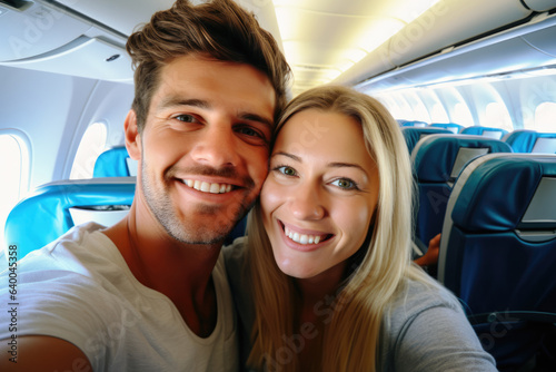 Happy tourist taking selfie inside airplane - Cheerful couple on vacation 