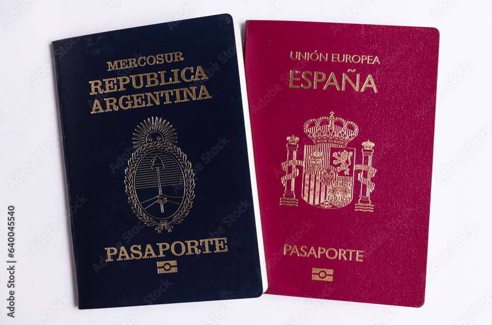 ARGENTINE AND SPANISH PASSPORT TOGETHER, FRONT. HORIZONTAL. ARGENTINE AND SPANISH PASSPORT TOGETHER, FRONT. HORIZONTAL.