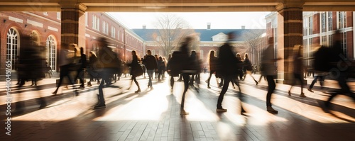 Foto Crowd of students walking through a college campus on a sunny day, motion blur