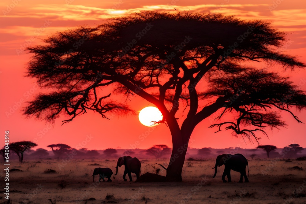 silhouettes of five african elephants and tree at sunset near bush camp in tanzania, AI generated - obrazy, fototapety, plakaty 