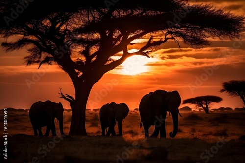 silhouettes of five african elephants and tree at sunset near bush camp in tanzania, AI generated