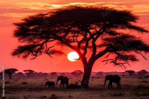 silhouettes of five african elephants and tree at sunset near bush camp in tanzania  AI generated