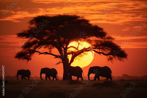 silhouettes of five african elephants and tree at sunset near bush camp in tanzania, AI generated © shustrilka