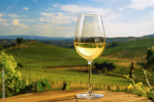 One glass of white wine and green landscape view  product display