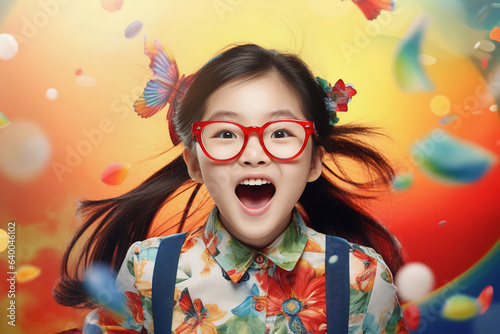 School pupil, excited Asian girl in glasses on colorful background, back to school
