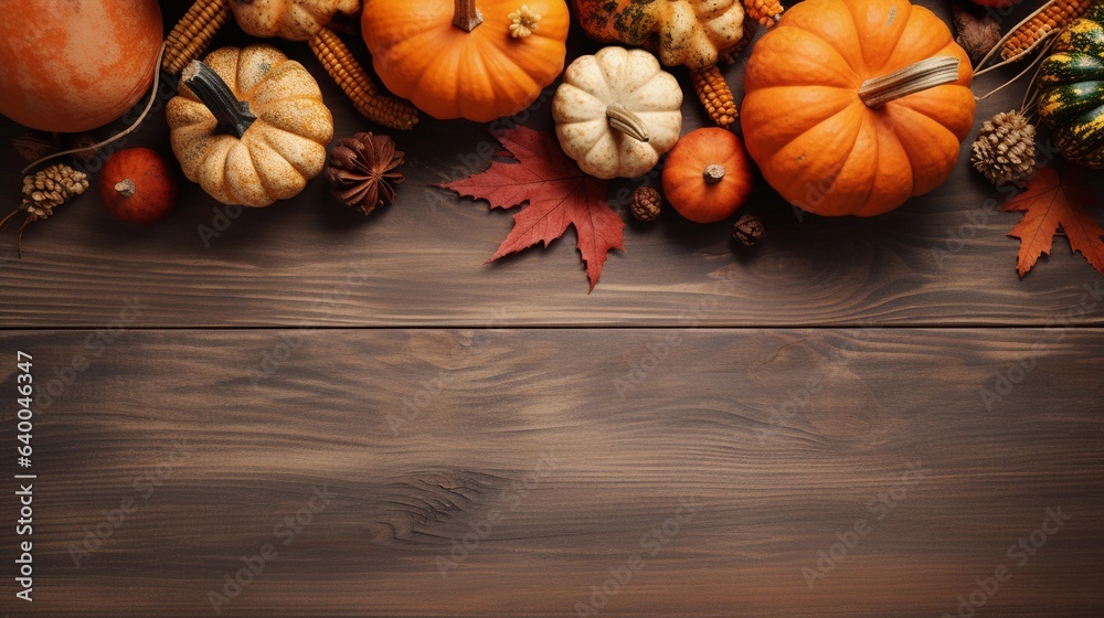 Top view of an image showcasing autumnal decorations with space for text, pumpkins, and gourds arranged on a table, creating a cozy and festive atmosphere, with room for text nearby. AI generated. Top view of an image showcasing autumnal decorations with space for text, pumpkins, and gourds arranged on a table, creating a cozy and festive atmosphere, with room for text nearby. AI generated.