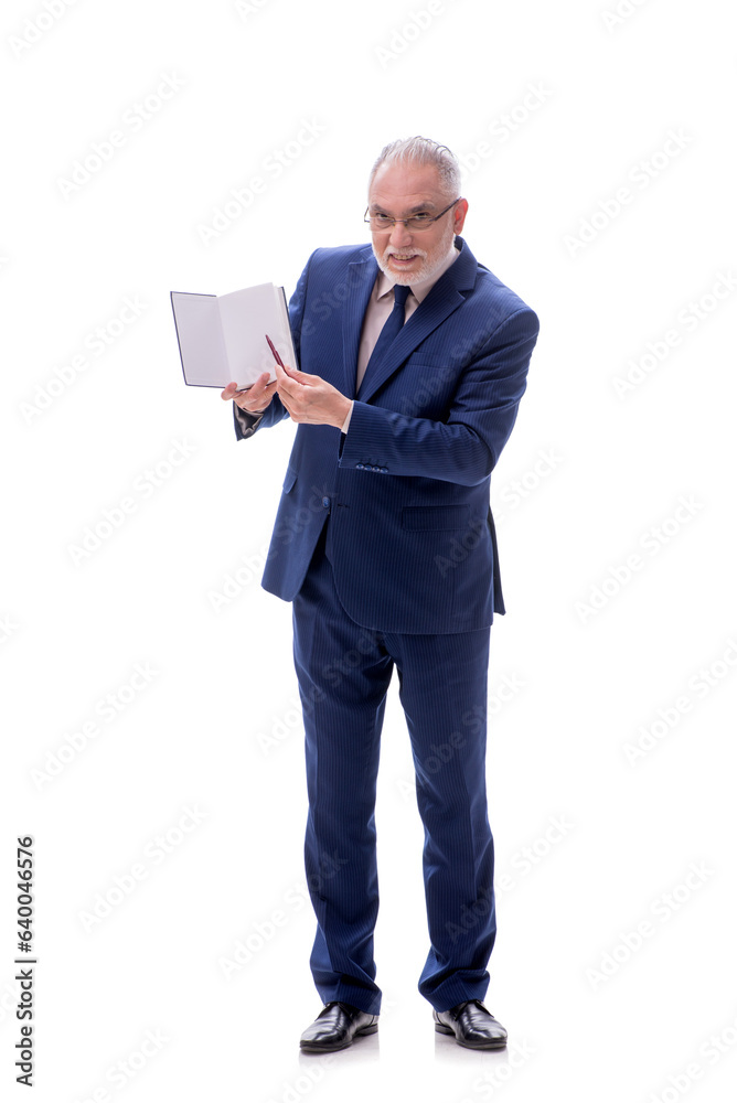 Old businessman holding book isolated on white Old businessman holding book isolated on white