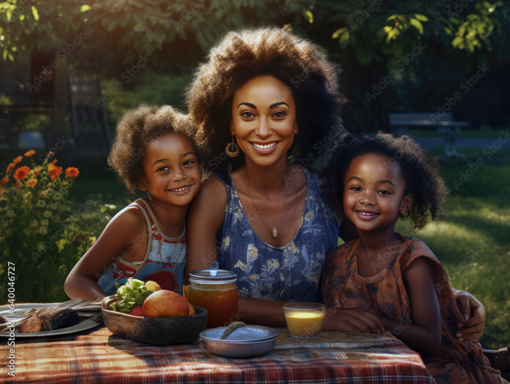 Casual outdoor portrait of black mom with two young daughters at a picnic table. Smiling at camera. Casual outdoor portrait of black mom with two young daughters at a picnic table. Smiling at camera.