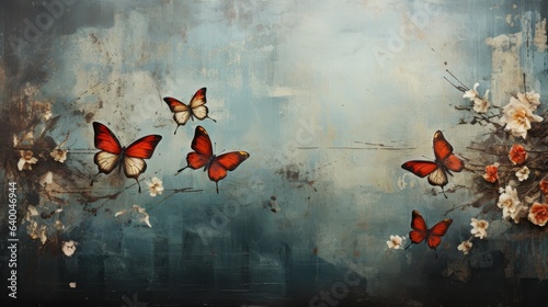 A grungy background with butterflies and flowers. Generative AI.  © Elle Arden 
