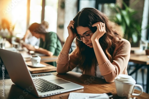 Young student frustrated over her laptop, having difficulty concentrating on her homework.