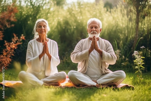 A retired Caucasian couple in eco-friendly clothing meditate in the yoga lotus position in a garden. © Joaquin Corbalan