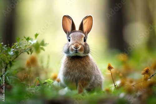 A rabbit in the field, still and sitting, pretty.