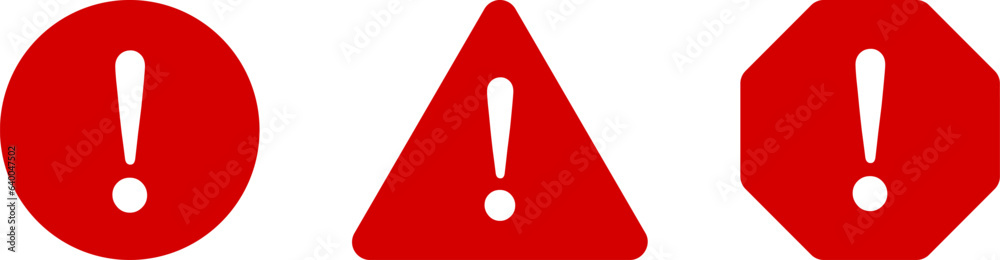 Red and White Round Circle Octagonal and Triangular Warning or Attention Caution Sign with Exclamation Mark Flat Icon Set. Vector Image. - obrazy, fototapety, plakaty 