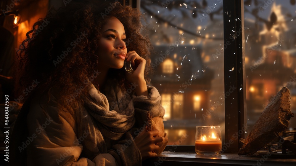 A young woman sitting by a window watching the snow and drinking a cup of tea. Generative AI. 